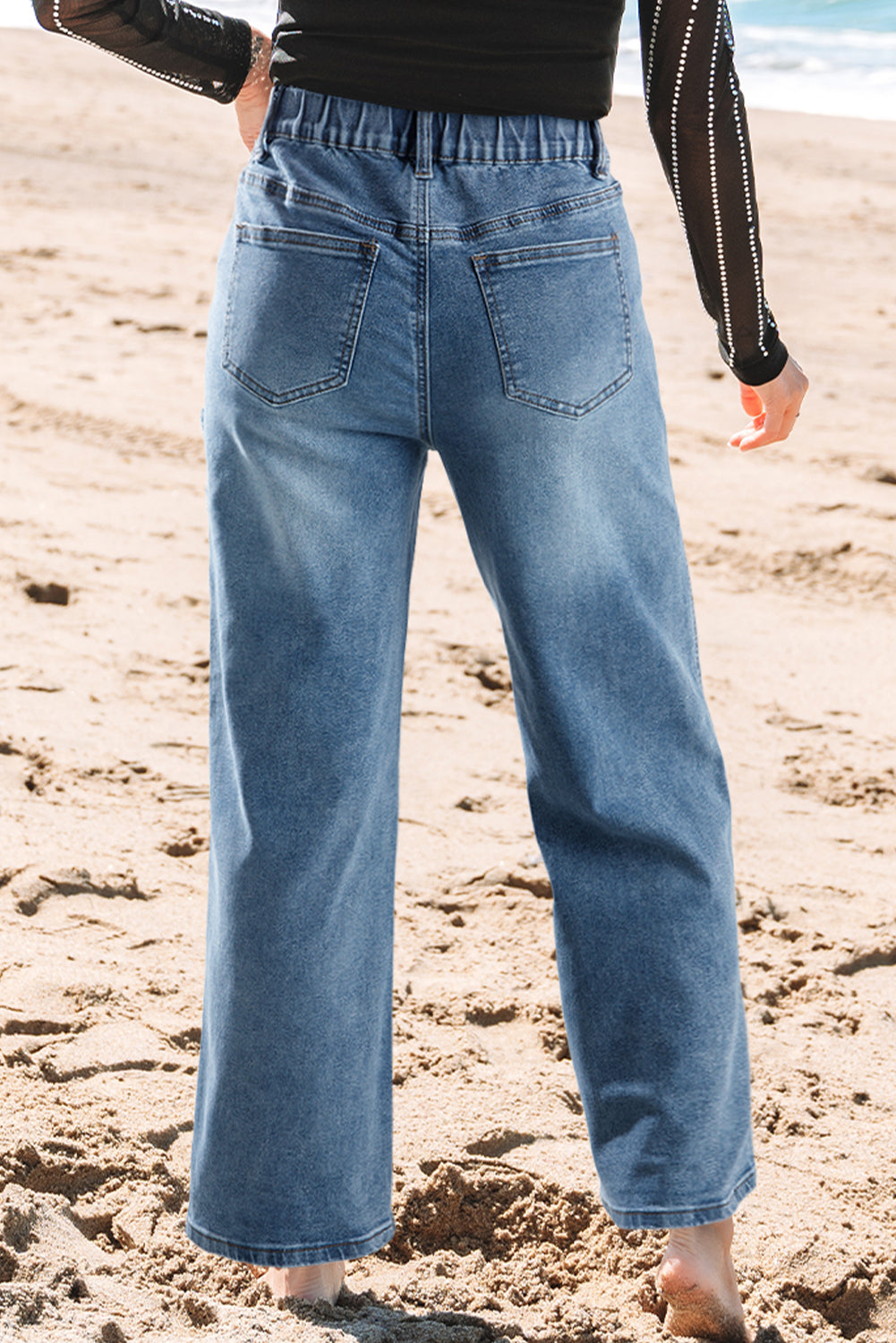 Stone Blue Star Patchwork Cropped Wide Leg High Waist Jeans Jeans JT's Designer Fashion