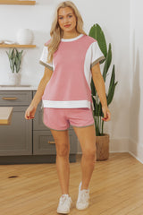 Pink Textured Colorblock Patchwork Tee Two Piece Shorts Set Short Sets JT's Designer Fashion