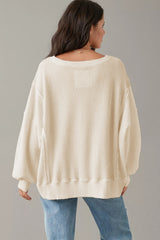 White Waffle Knit Bishop Sleeve Split Oversized Sweatshirt Sweatshirts & Hoodies JT's Designer Fashion