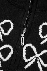 Black Cute Bow Pattern Drop Shoulder Zipped Collar Sweater Sweaters JT's Designer Fashion