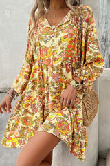 Yellow Cream Floral Print V Neck Puff Sleeve Mini Dress Floral Dresses JT's Designer Fashion