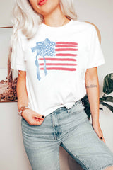 White American Flag Bow Knot Print Crew Neck T Shirt Graphic Tees JT's Designer Fashion