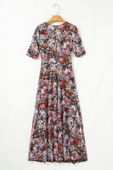 Brown Mesh Leopard Floral Reversible V Neck Short Sleeve Dress Dresses JT's Designer Fashion