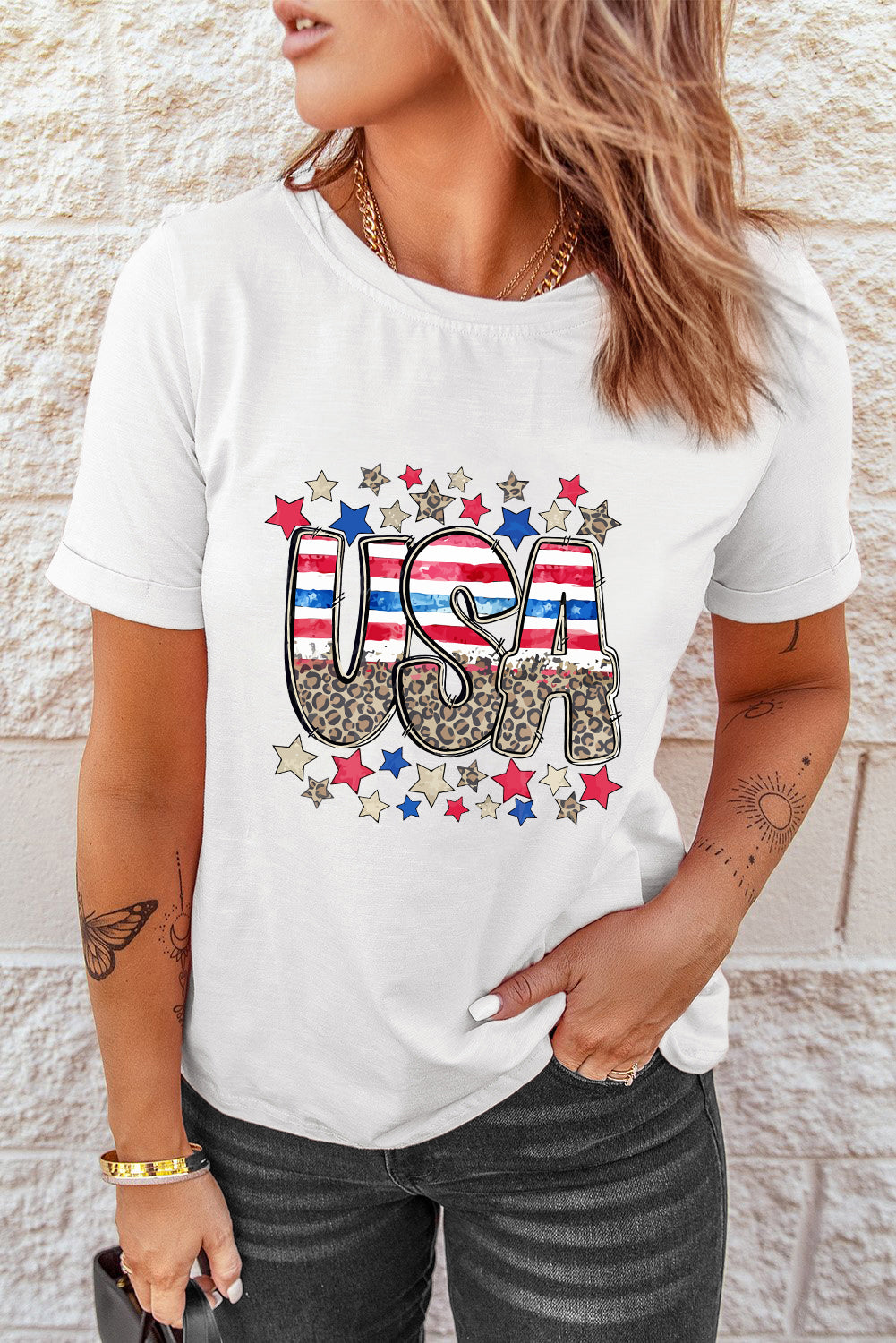 White Patriotic Star Leopard USA Letter Graphic T Shirt Graphic Tees JT's Designer Fashion