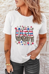 White Patriotic Star Leopard USA Letter Graphic T Shirt Graphic Tees JT's Designer Fashion
