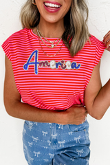 Red Stripe Sequin America Letter Patched Cap Sleeve Top Graphic Tees JT's Designer Fashion