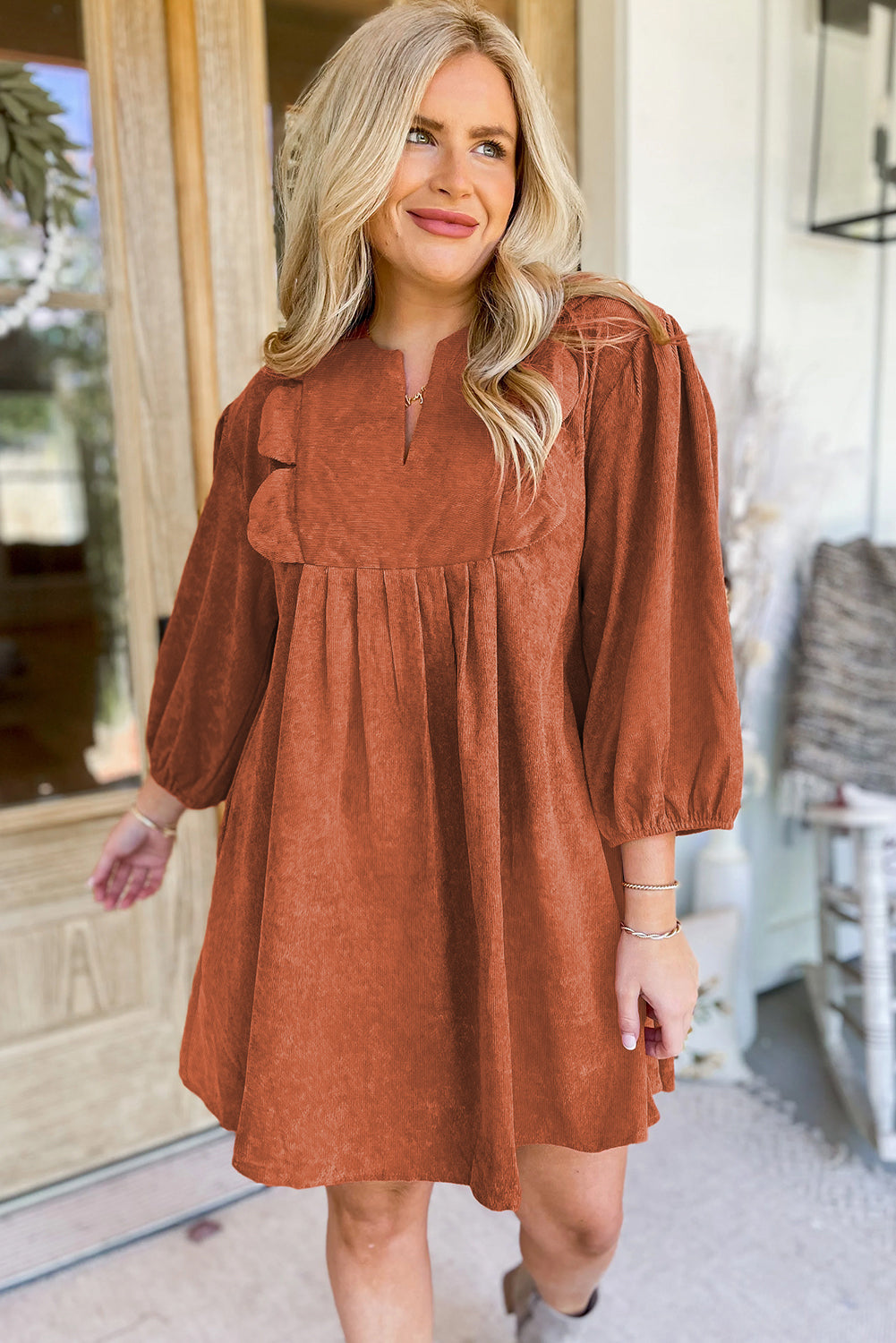 Cinnamon Bracelet Sleeve Split Neck Scallop Detail Pleated Corduroy Mini Dress Mini Dresses JT's Designer Fashion