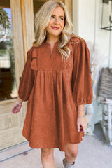 Cinnamon Bracelet Sleeve Split Neck Scallop Detail Pleated Corduroy Mini Dress Mini Dresses JT's Designer Fashion