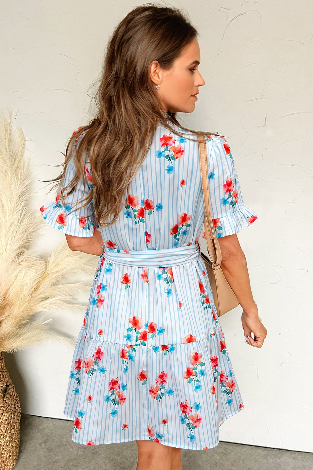 Sky Blue Stripe Floral Pattern Ruffle Short Sleeve Belted Mini Dress Dresses JT's Designer Fashion