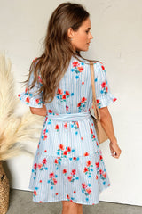 Sky Blue Stripe Floral Pattern Ruffle Short Sleeve Belted Mini Dress Dresses JT's Designer Fashion