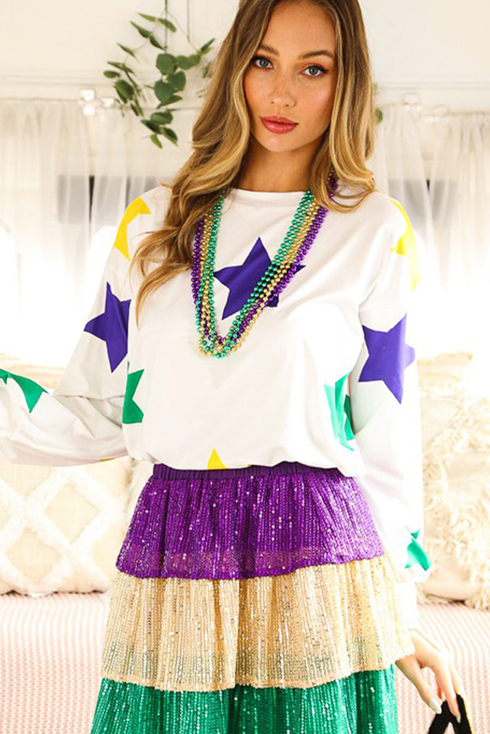 White Mardi Gras Star Printed Long Sleeve Top Long Sleeve Tops JT's Designer Fashion