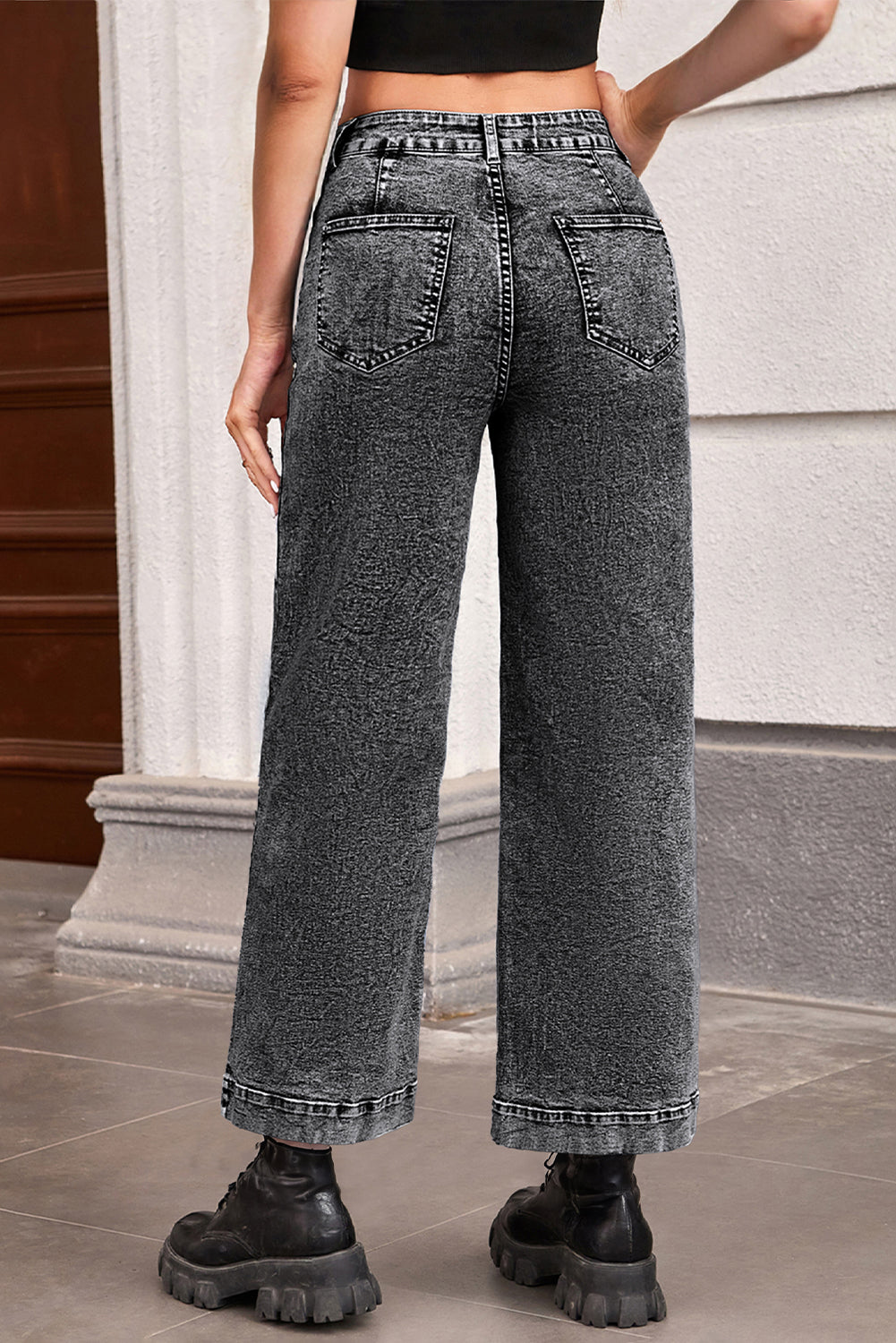 Black Chic Patch Pocket Straight Leg Loose Jeans Jeans JT's Designer Fashion