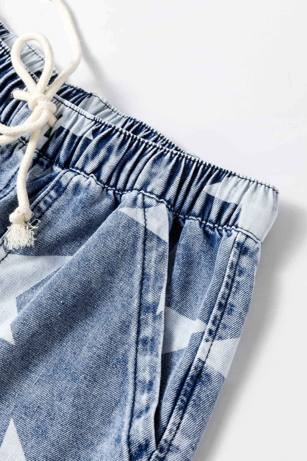 Light Blue Star Print Light Wash Drawstring Elastic Waistband Wide Leg Jeans Jeans JT's Designer Fashion