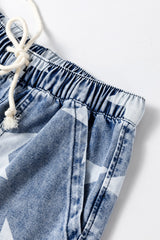 Light Blue Star Print Light Wash Drawstring Elastic Waistband Wide Leg Jeans Jeans JT's Designer Fashion