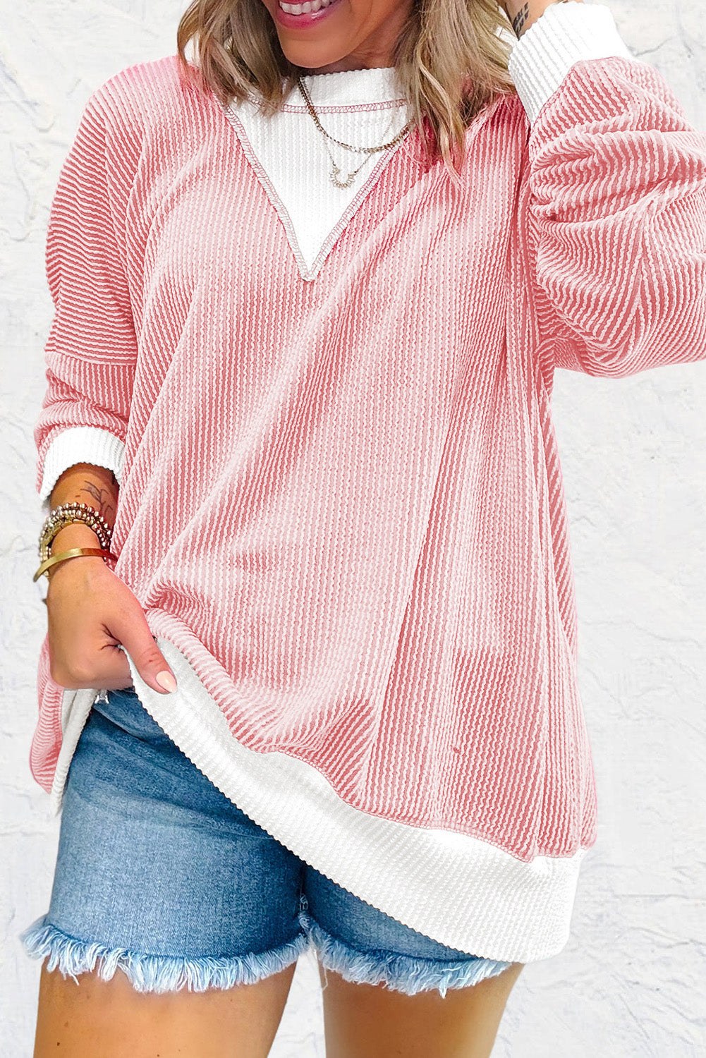 Peach Blossom Corded Colorblock Drop Shoulder Loose Top Long Sleeve Tops JT's Designer Fashion