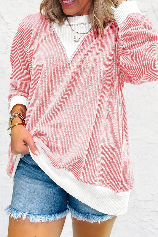 Peach Blossom Corded Colorblock Drop Shoulder Loose Top Long Sleeve Tops JT's Designer Fashion