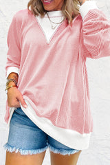 Peach Blossom Corded Colorblock Drop Shoulder Loose Top Long Sleeve Tops JT's Designer Fashion