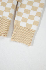 Apricot Checkered Buttons Collar V Neck Drop Shoulder Sweater Sweaters JT's Designer Fashion