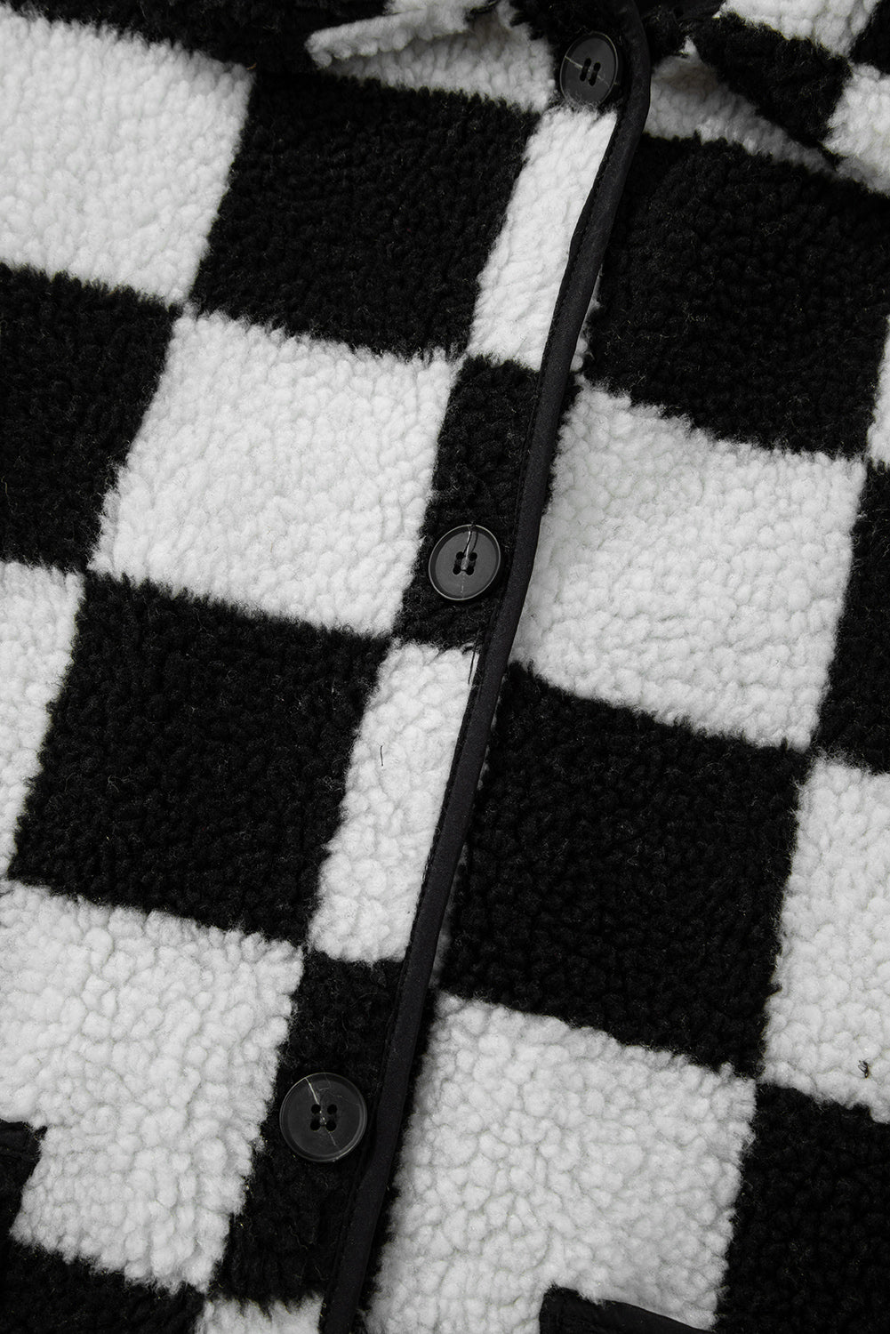 Black Checkered Side Pockets Collared Buttoned Fleece Jacket Jackets JT's Designer Fashion