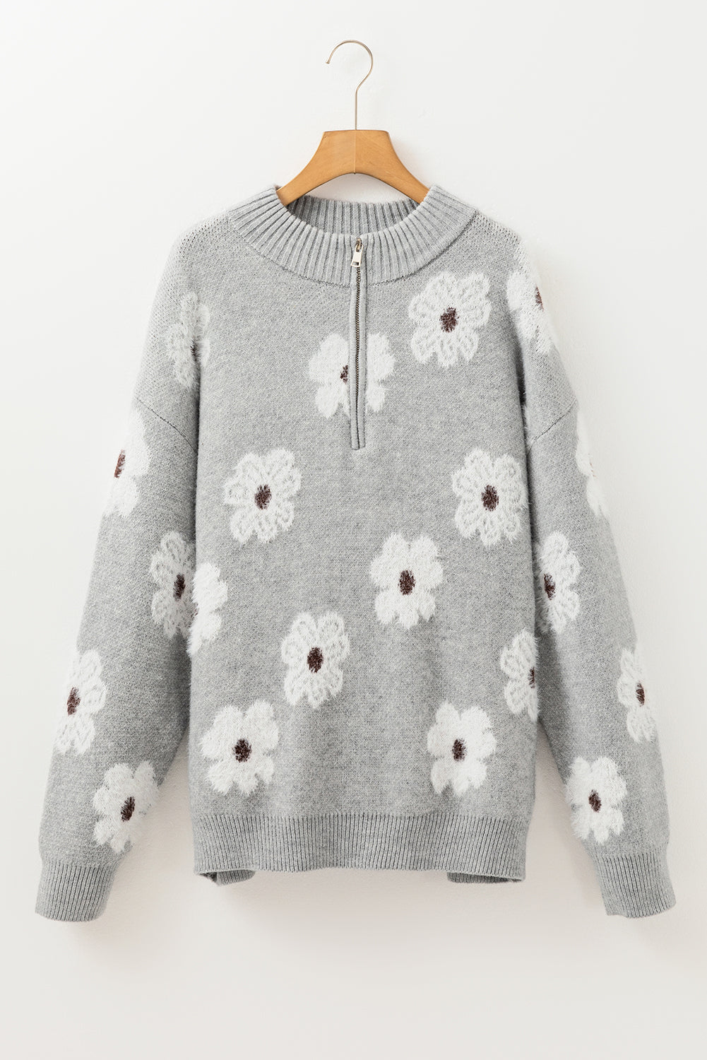 Gray Plus Size Embroidered Floral Pattern Half Zip Sweater Plus Size Sweaters & Cardigans JT's Designer Fashion