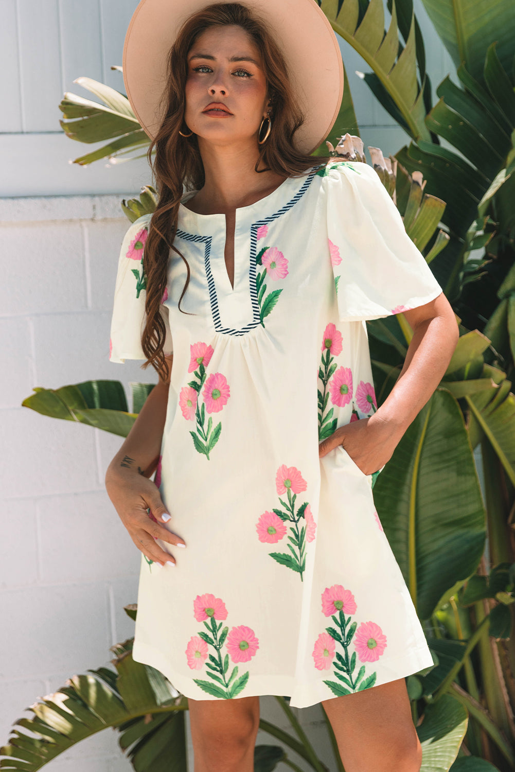 Apricot Floral Short Sleeve Split Neck Loose Mini Dress Floral Dresses JT's Designer Fashion