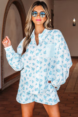 Sky Blue Floral Striped Print Contrast Patched Pocket Shirt and Shorts Set Short Sets JT's Designer Fashion