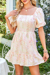 Pink Floral Puff Sleeve Square Neck Knotted Open Back Ruffled Mini Dress Floral Dresses JT's Designer Fashion