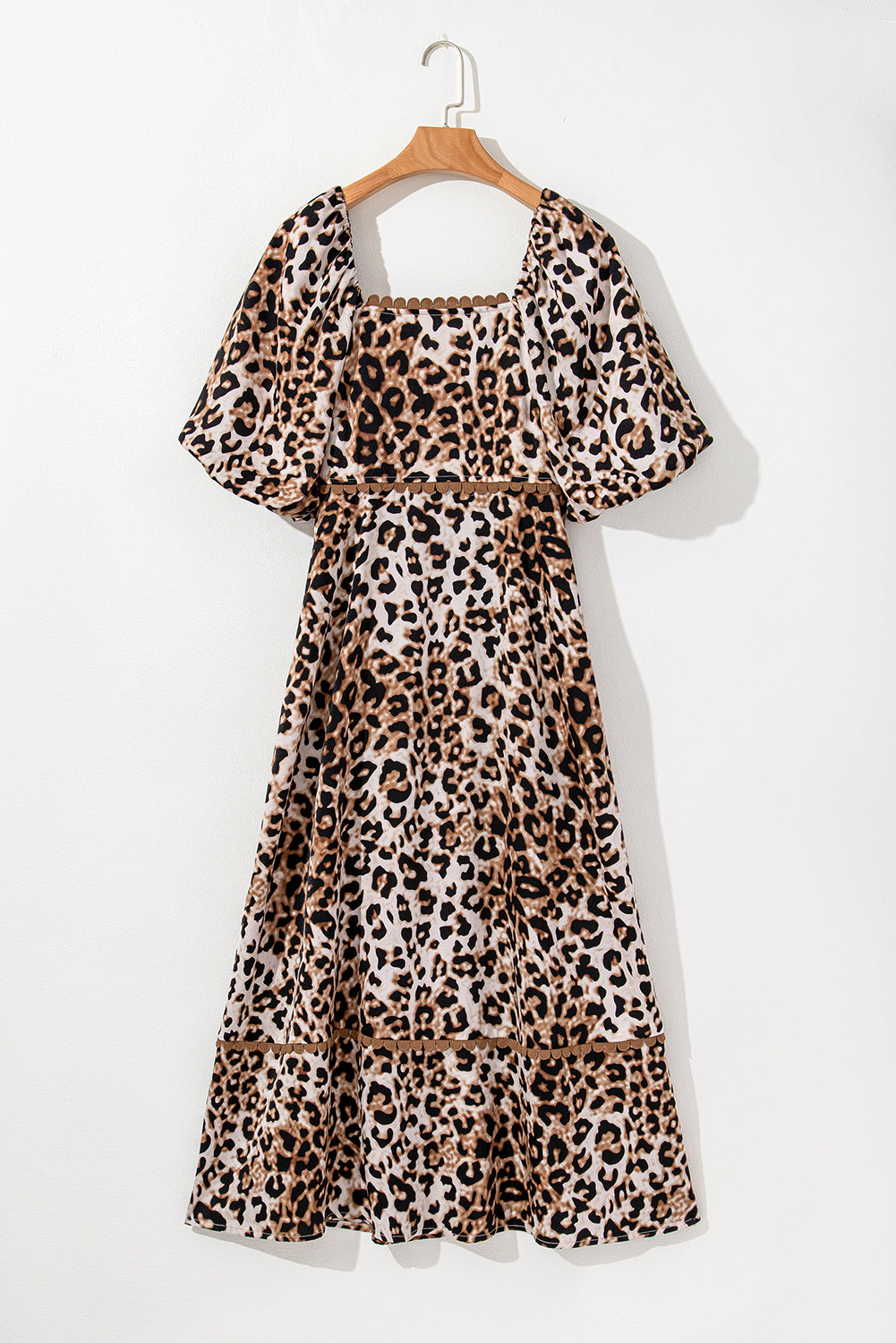 Brown Leopard Print Bubble Sleeve Square Neck Long Dress Maxi Dresses JT's Designer Fashion