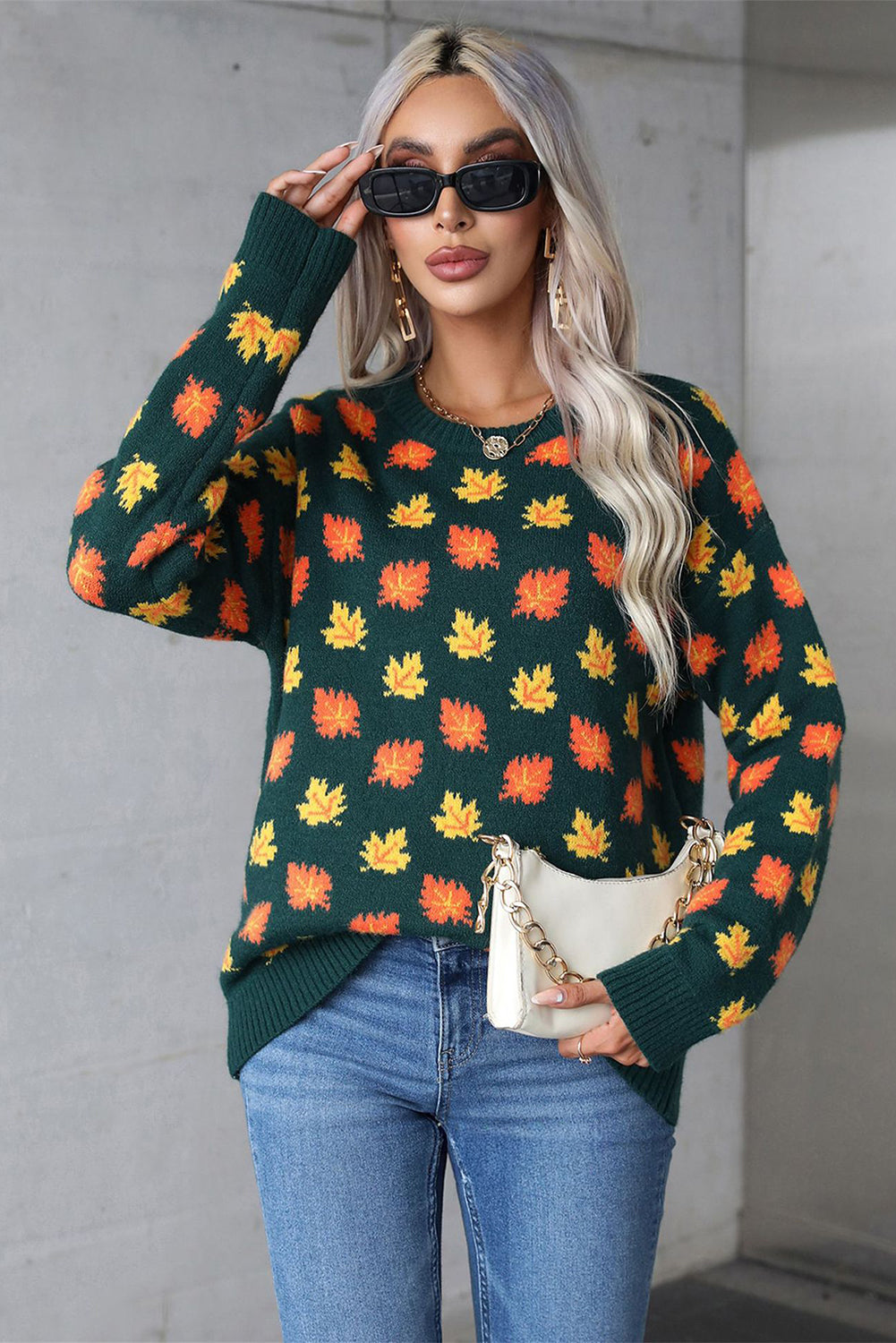 Blackish Green Fall Leaves Pattern Crew Neck Sweater Sweaters JT's Designer Fashion