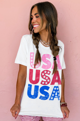 White USA Starry Letter Graphic Cotton Blend T Shirt Graphic Tees JT's Designer Fashion