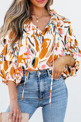 Yellow Abstract Print Drawstring Frilled V Neck 3/4 Sleeve Blouse Blouses & Shirts JT's Designer Fashion