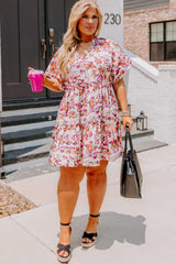 White Abstract Print V Neck Short Sleeve Ruffled Plus Size Mini Dress Plus Size Mini Dresses JT's Designer Fashion