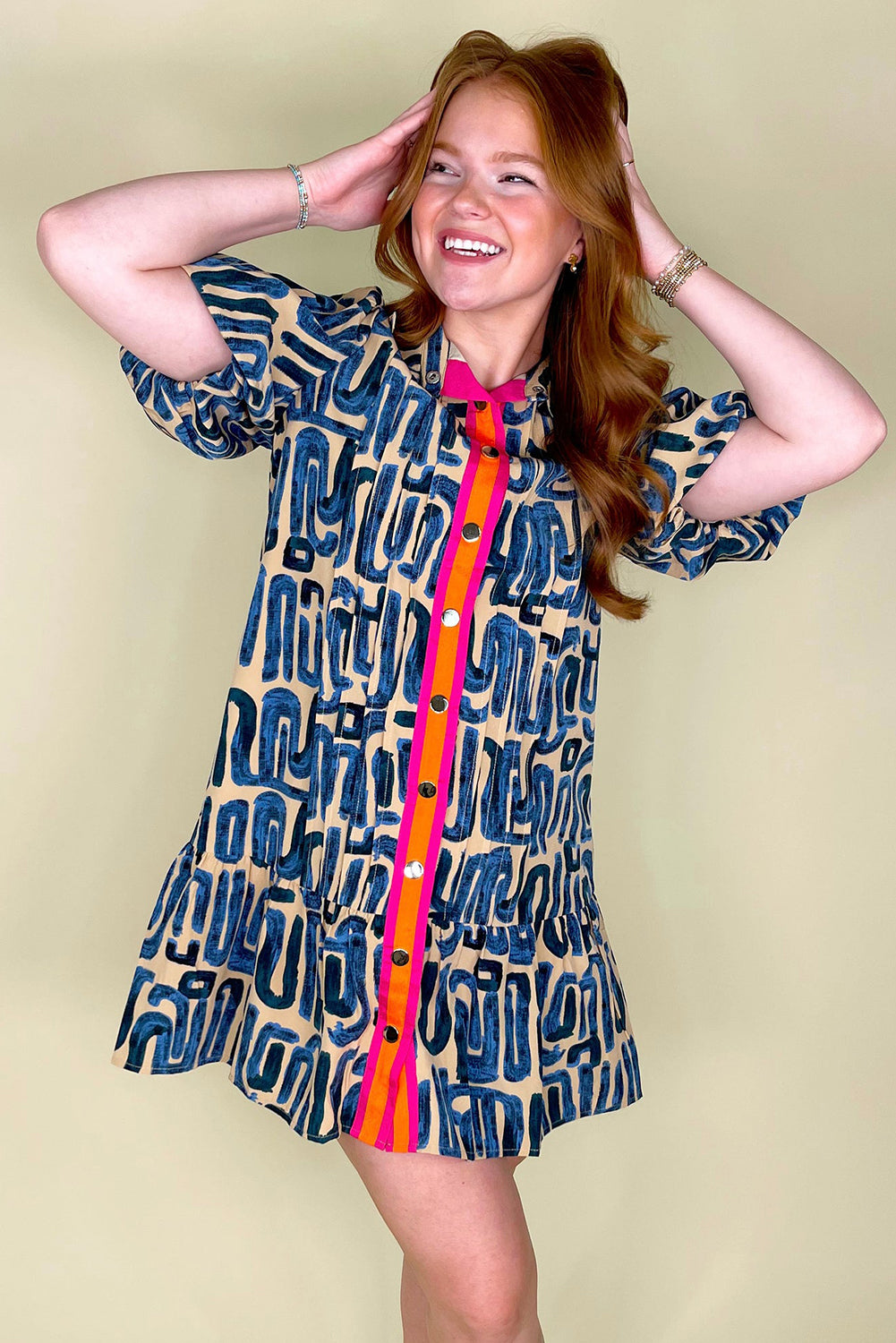 Beige Abstract Print Bubble Sleeve Button up Mini Dress Mini Dresses JT's Designer Fashion