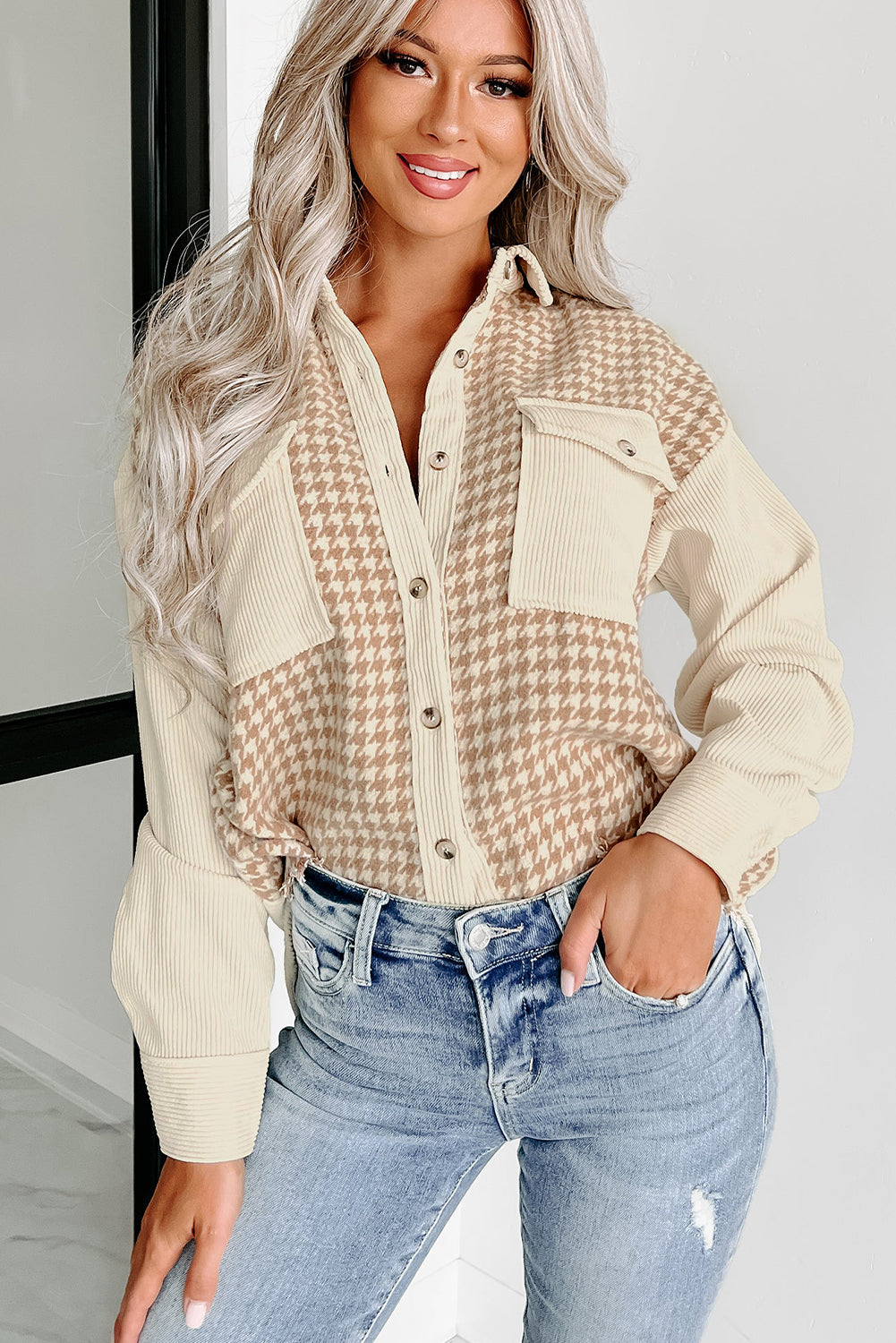 Parchment Houndstooth Corduroy Patchwork Flap Pocket Shacket Jackets JT's Designer Fashion