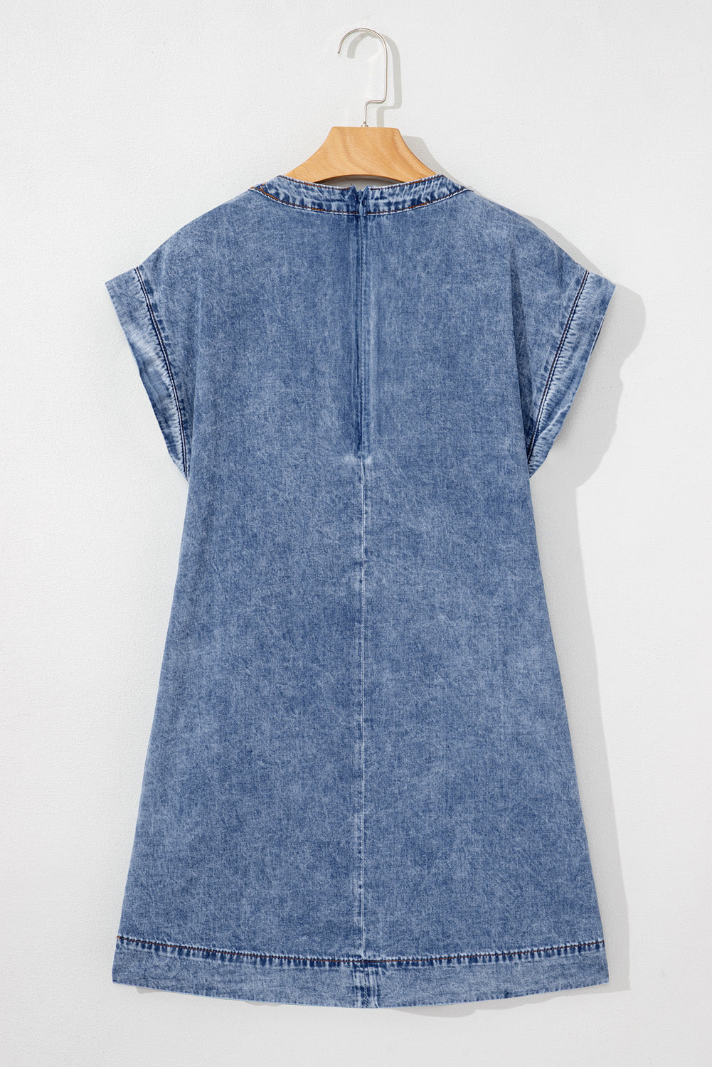 Beau Blue Tie V Neck Tucking Detail Short Sleeve Denim Shift Dress Mini Dresses JT's Designer Fashion
