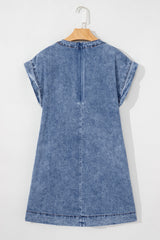Beau Blue Tie V Neck Tucking Detail Short Sleeve Denim Shift Dress Mini Dresses JT's Designer Fashion