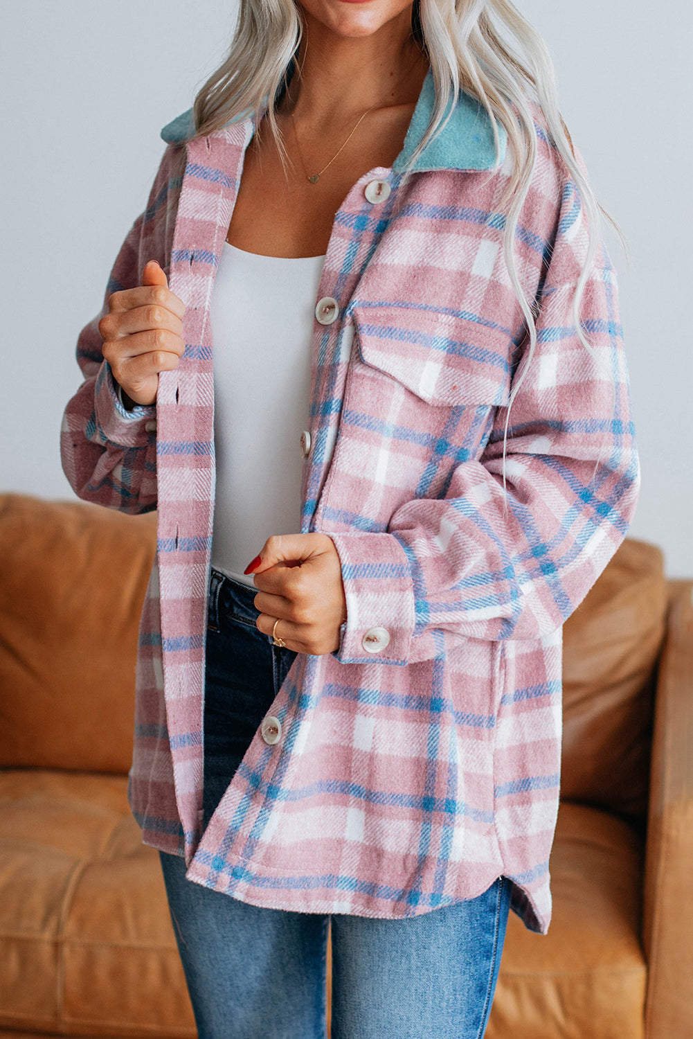 Pink Plaid Print Color Block Collared Flap Pockets Loose Shacket Pink 100%Polyester Plaid Shackets JT's Designer Fashion