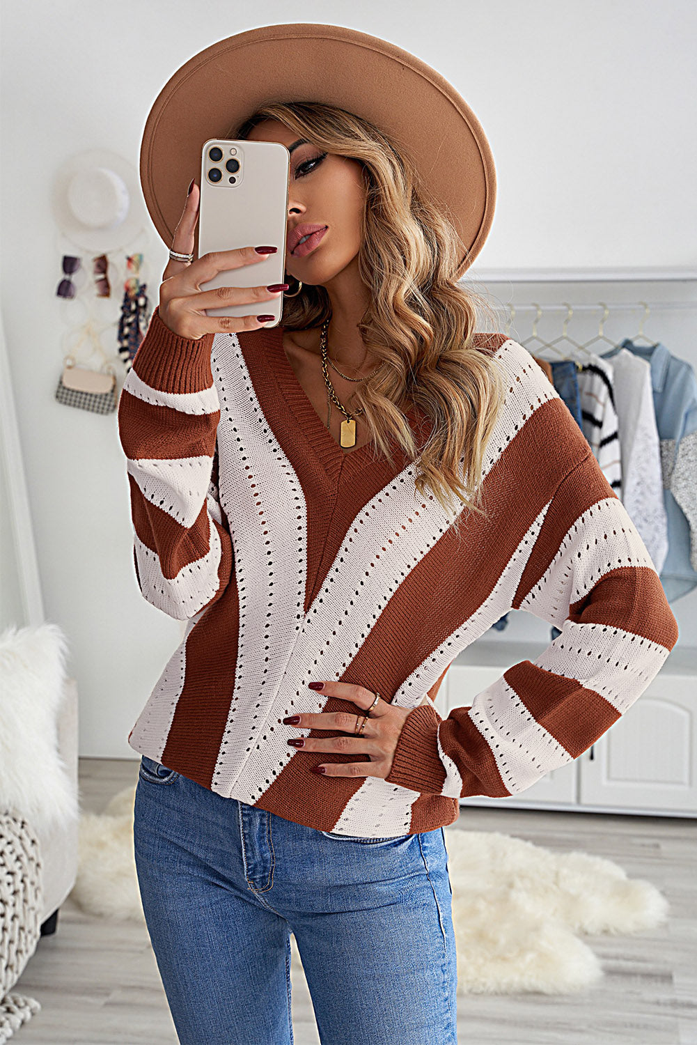 Brown Striped Colorblock V Neck Knitted Sweater Sweaters & Cardigans JT's Designer Fashion