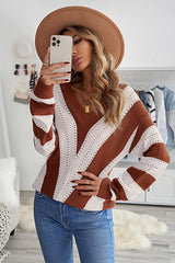 Brown Striped Colorblock V Neck Knitted Sweater Sweaters & Cardigans JT's Designer Fashion