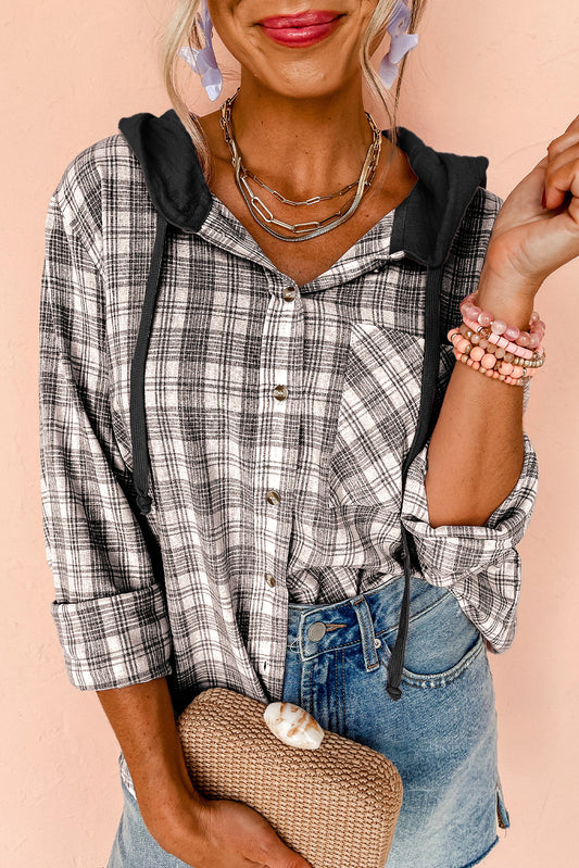 Black Checkered Print Loose Fit Buttoned Hooded Shacket Black 65%Polyester+35%Cotton Plaid Shackets JT's Designer Fashion