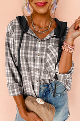 Black Checkered Print Loose Fit Buttoned Hooded Shacket Black 65%Polyester+35%Cotton Plaid Shackets JT's Designer Fashion