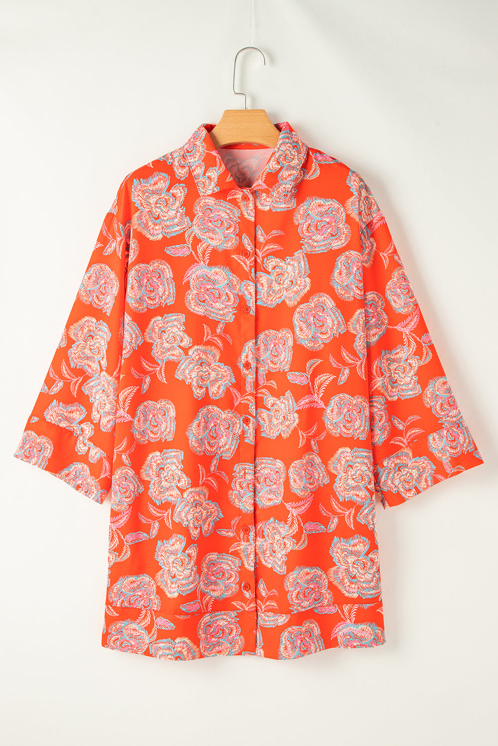 Red Floral Print Lapel Collar Loose Shirt Mini Dress Floral Dresses JT's Designer Fashion