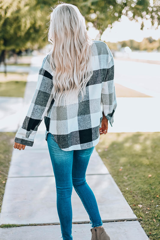 Gray Plaid Color Block Buttoned Long Sleeve Jacket with Pocket Plaid Shackets JT's Designer Fashion