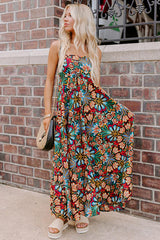 Black Boho Floral Print Thin Straps Sleeveless High Waist Maxi Dress Floral Dresses JT's Designer Fashion