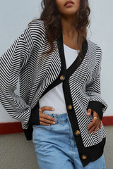 White Stripe Buttoned Front V Neck Herringbone Cardigan Cardigans JT's Designer Fashion