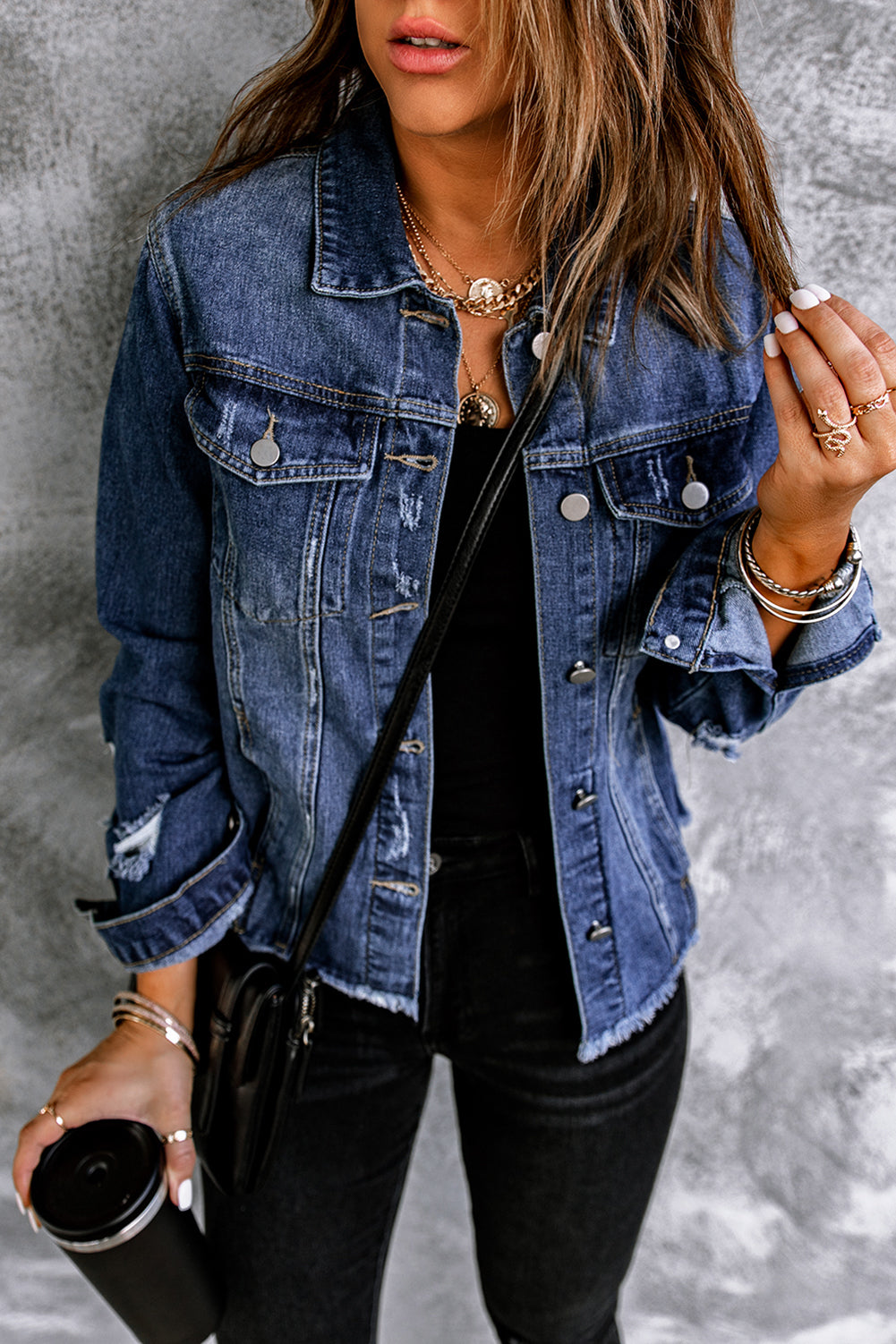 Blue Lapel Distressed Raw Hem Buttons Denim Jacket Denim Jackets JT's Designer Fashion