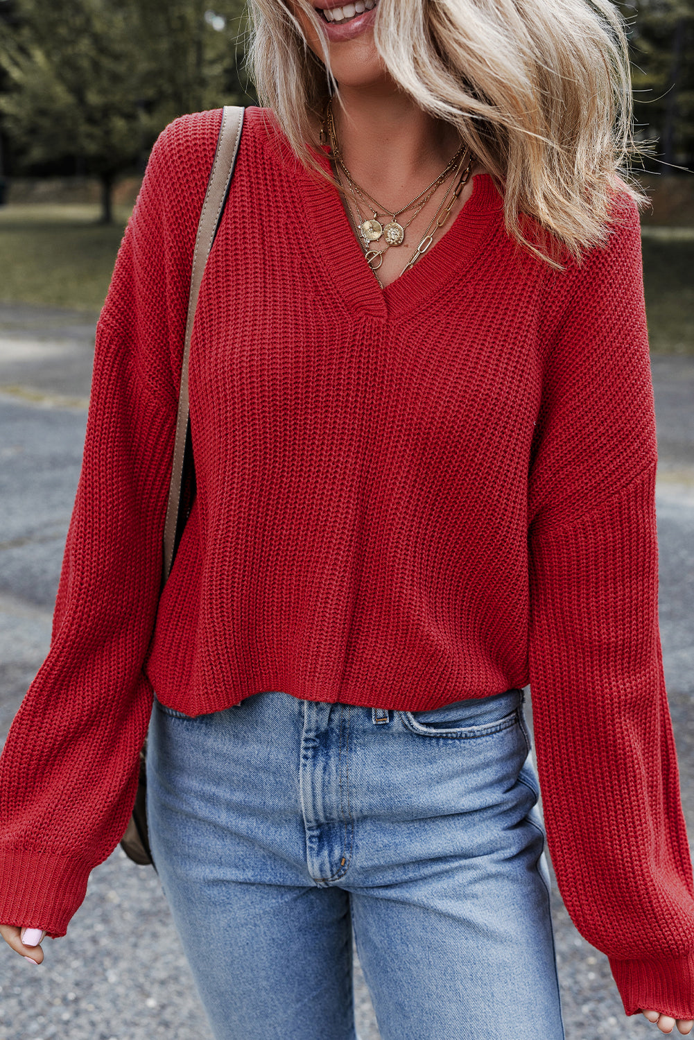 Racing Red Solid Textured Knit V Neck Drop Shoulder Sweater Racing Red 55%Acrylic+45%Cotton Sweaters JT's Designer Fashion