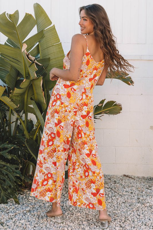 Orange Floral V Neck Wide Leg Sleeveless Jumpsuit Jumpsuits & Rompers JT's Designer Fashion