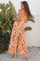 Orange Floral V Neck Wide Leg Sleeveless Jumpsuit Jumpsuits & Rompers JT's Designer Fashion