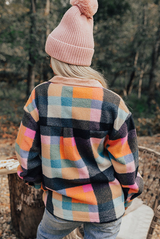 Black Plaid Print Pocketed Half Button Collared Sweatshirt Sweatshirts & Hoodies JT's Designer Fashion